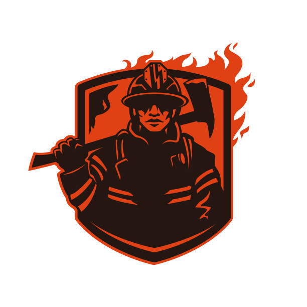 Firefighter, Fireman in Helmet with Axe - cut out vector silhouette on shield with fire Stylized firefighter or fireman in a helmet and firefighter uniform holding an ax on his shoulder - cut out vector silhouette on shield with fire fire logo stock illustrations