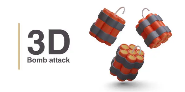 Vector illustration of Bundles of dynamite sticks. 3D red bombs, terrorist weapons