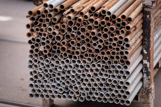 istock Big stack of iron bars used in road construction and tram rail reconstruction 2040985390