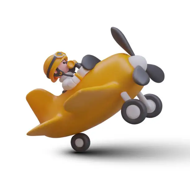 Vector illustration of Realistic toy in yellow colors ready to flight. 3d airplane game concept
