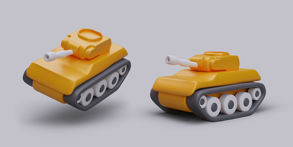 Yellow vector tracked tank in different positions. Toy military equipment. Set of vector objects in different positions. Isolated image in modern style
