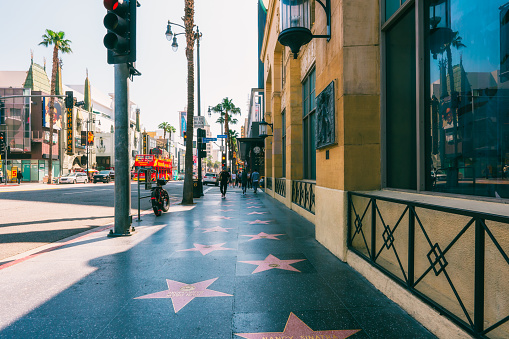 Hollywood, California, USA - April 26, 2023. Hollywood Boulevard. Look at celebrities who have received stars on the Hollywood Walk of Fame