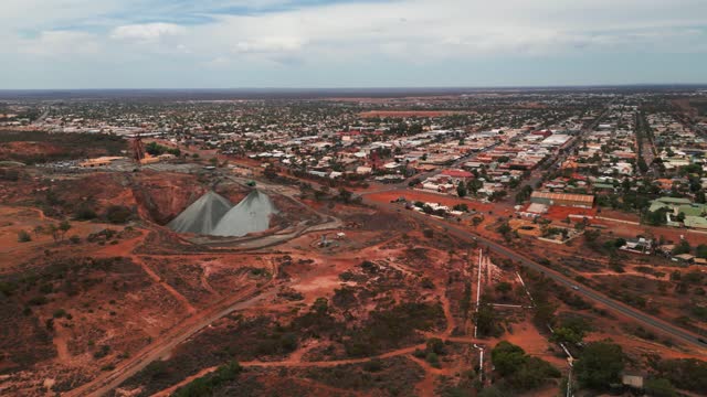 aerial shot of Kalgoorlie Boulder city in Western Australia on an overcast day, Australian mining city