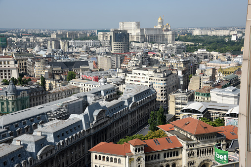 Champs de Mars park, Grand Palais Ephemere and Montparnasse tower in Paris, France