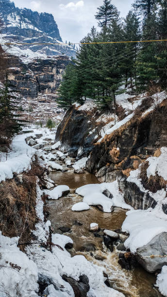 a mountain river - winter stream river snowing stock-fotos und bilder