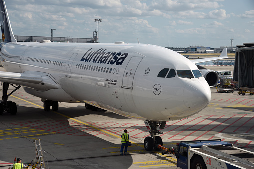 Front view of plane before takeoff.