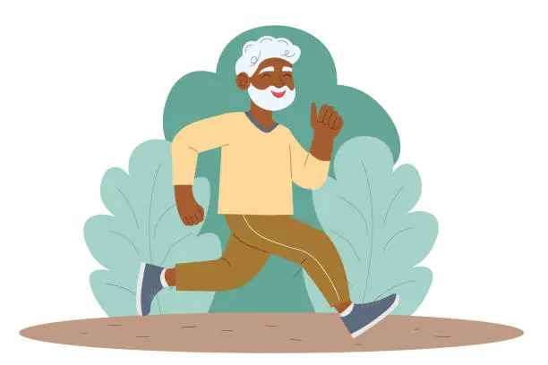 Vector illustration of elderly man is running in the park. Healthy lifestyle. Vector illustration.