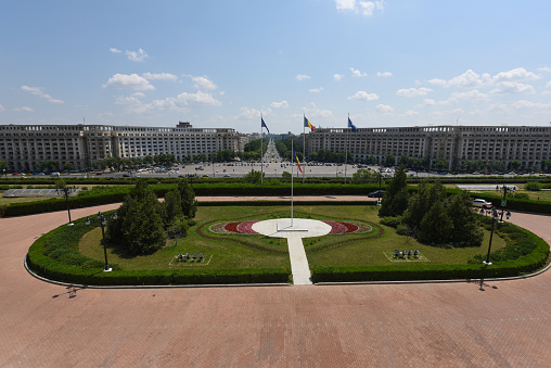 Piața Constituției (Constitution Square) and Bulevardul Unirii seen from the Parliament Palace. The image was captured during summer season.