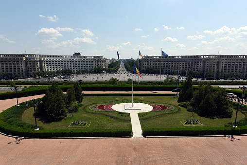 Piața Constituției (Constitution Square) and Bulevardul Unirii seen from the Parliament Palace. The image was captured during summer season.