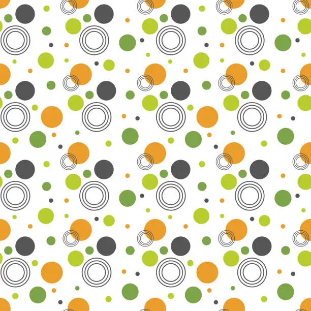 Vector illustration of Polka dot pattern. Seamless abstract pattern of green, gray and orange dots on white background. Vector illustration.