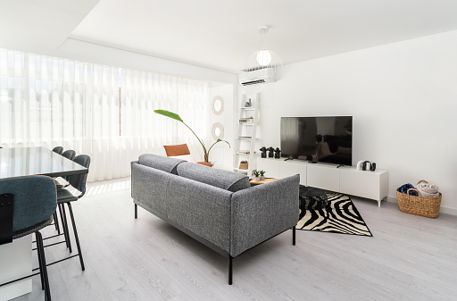 Modern apartment living room interior with gray sofa and TV area and plaid basket. High quality photo