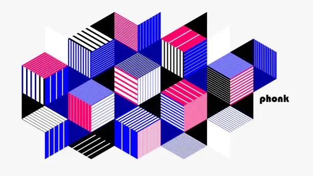 Vector illustration of Abstract vector wallpaper with 3D isometric cubes blocks, geometric construction with blocks shapes and forms, cubic polygonal low poly theme.