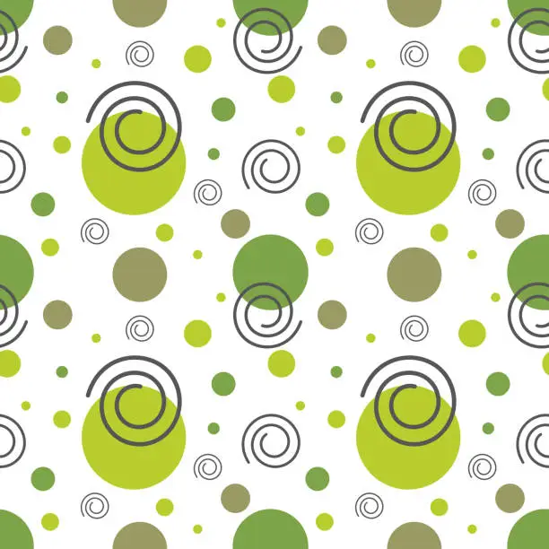 Vector illustration of Polka dot pattern. Seamless abstract pattern of green dots and spirals on white background. Vector illustration.