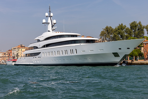 Venice, Italy - Sept 6, 2022: Moored in Venice Spectre is a 69 meter superyacht built by Benetti for John Staluppi, American entrepreneur with a wholesome passion for James Bond's saga