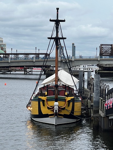 Boston, MA, USA – September 23, 2023: A replica of Beaver, an 18th-century ship involved in the Boston Tea Party in Boston Harbor, Massachusetts.