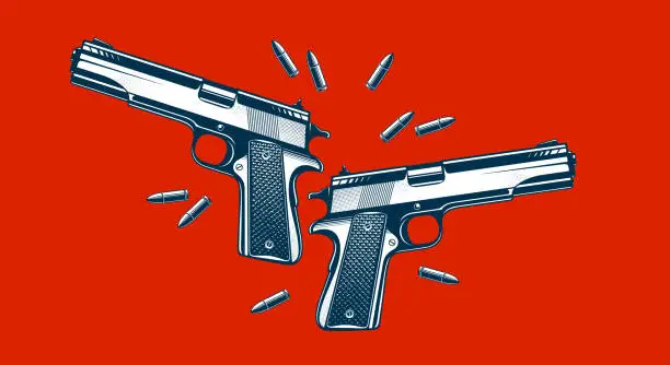 Vector illustration of Detailed shotguns and bullets vector illustration in a classic graphic design style, two beautiful gun drawing over red background.