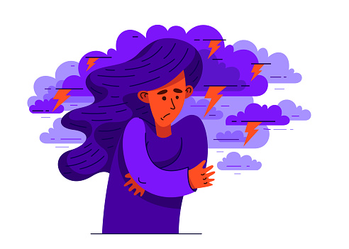 Young woman having a psychological problem of stress or anxiety, vector illustration of stressed girl having mental disorder or tired, headache flat style drawing.