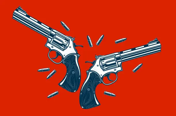 Vector illustration of Detailed revolvers shotguns and bullets vector illustration in a classic graphic design style, two beautiful gun drawing over red background.