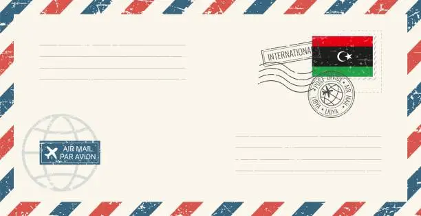 Vector illustration of Blank air mail grunge envelope with Libya postage stamp. Vintage postcard vector illustration with Libyan national flag isolated on white background. Retro style.