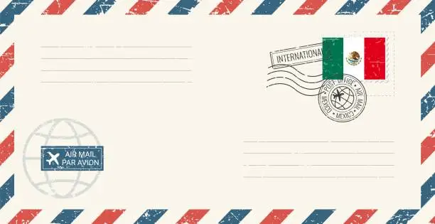 Vector illustration of Blank air mail grunge envelope with Mexico postage stamp. Vintage postcard vector illustration with Mexican national flag isolated on white background. Retro style.