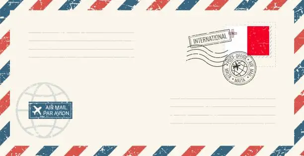 Vector illustration of Blank air mail grunge envelope with Malta postage stamp. Vintage postcard vector illustration with Maltese national flag isolated on white background. Retro style.