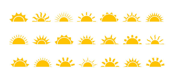 ilustrações, clipart, desenhos animados e ícones de sol meio ícone, raio do nascer do sol, luz da manhã, explosão amarela, símbolo de verão. brilho solar. ilustração vetorial dos desenhos animados - nascer do sol