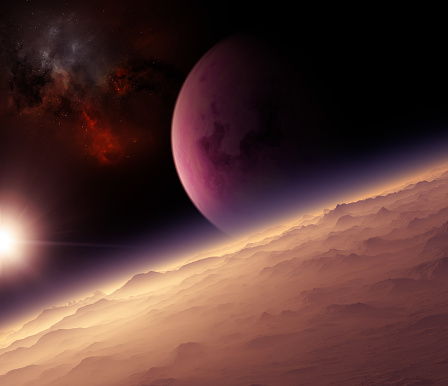 Planets and exoplanets of unexplored galaxies. Sci-Fi. New worlds to discover. Colonization and exploration of nebulae and galaxies. 3d rendering