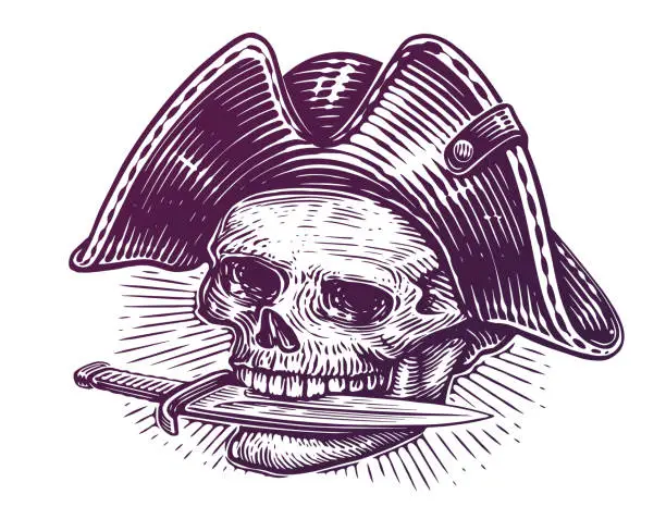 Vector illustration of Pirate skull in hat with cutlass in teeth. Hand drawn illustration in vintage engraving style