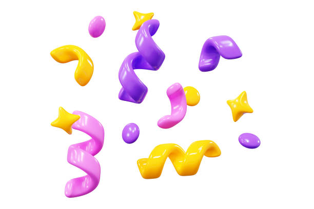 3d render birthday surprise or winner congratulation confetti streamer with ribbons and stars. Fly and float party serpentine after explosion of firecracker. Popper paper pink, yellow and purple decor