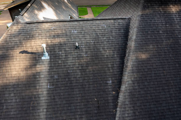 istock Roof with hail damage and markings from inspection 2041202984