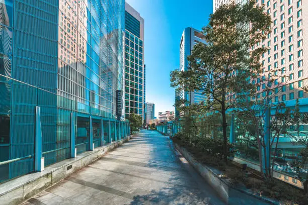 Photo of Skyscrapers in Shiodome and footbridge, Tokyo