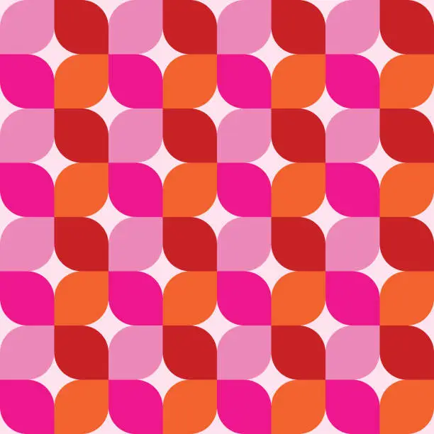 Vector illustration of Mid Century Abstract Geometric Leaf shapes seamless pattern in orange, pink and red.