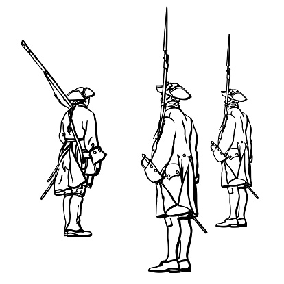 French soldiers from the 1700s standing at attention. Rear view.