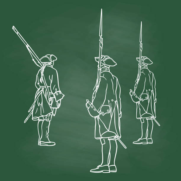 French Army Soldiers 1700s Chalkboard French soldiers from the 1700s standing at attention. Rear view. palace of versailles stock illustrations