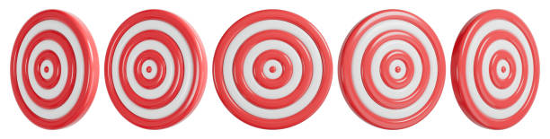 Three red colored darts hitting bull's eye spot on on a dart board isolated denoting successful, winning, or fulfillment of business target