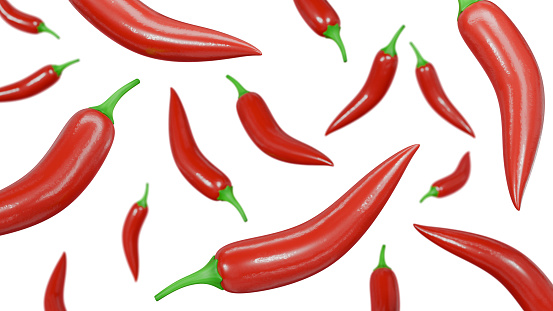 Falling red chili peppers. Isolated hot peppers on white background. 3D rendering