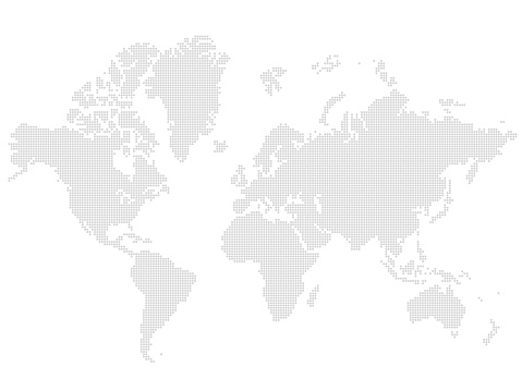 World map dot screen digital nodes create the continents of the globe in a dot matrix pattern