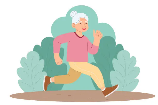 Vector illustration of elderly woman jogging in park. Health and self-care. vector illustration.