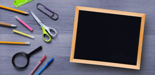 istock Banner blank school board on blurred background of stationery. 2041317465