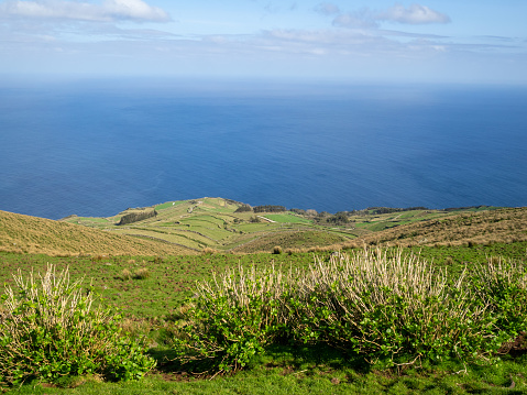View down the volcanic crater slop and to the Atlantic Ocean, Corvo Island