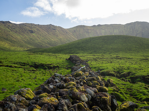Stone wall across the green fields of the volcanic crater of Caldeirão do Corvo, Corvo Island, Azores