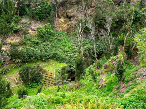 Entrance to Furna do Enxofre between the green surroundings, Graciosa Island, Azores