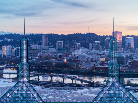 A colorful sunset over downtown Portland Oregon.