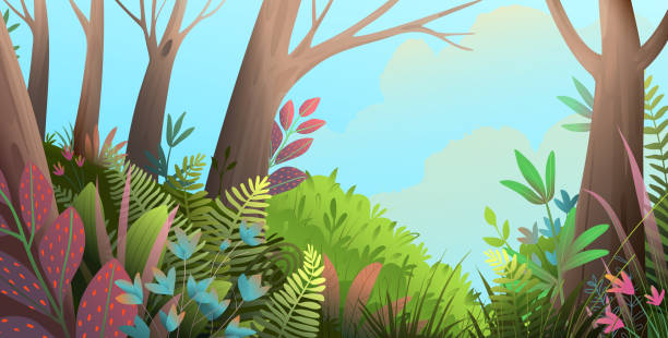 ilustrações de stock, clip art, desenhos animados e ícones de magic forest with trees bush and flowers for kids - book magic picture book illustration and painting