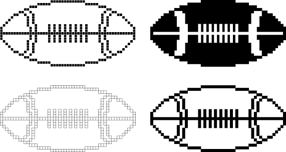 black white Pixel art american football ball icon set