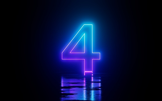 Number Four 4 Digital Neon Glowing Reflection Countdown