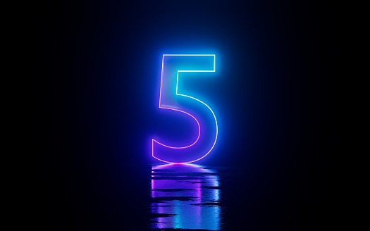 Number Five 5 Digital Neon Glowing Reflection Countdown
