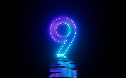 Number Nine 9 Digital Neon Glowing Reflection Countdown