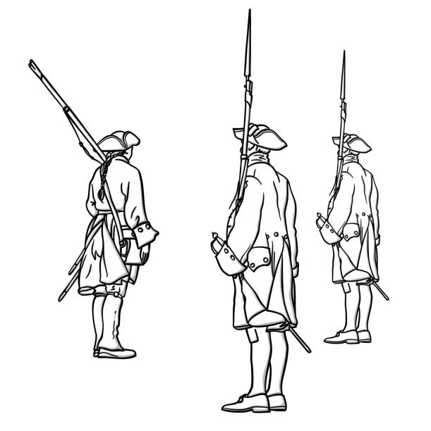 French Army Soldiers 1700s Sketch French soldiers from the 1700s standing at attention. Rear view. palace of versailles stock illustrations