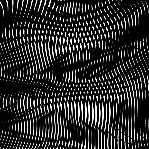 Vector illustration of Gridded abstract black and white background with wavy linear moire effect.